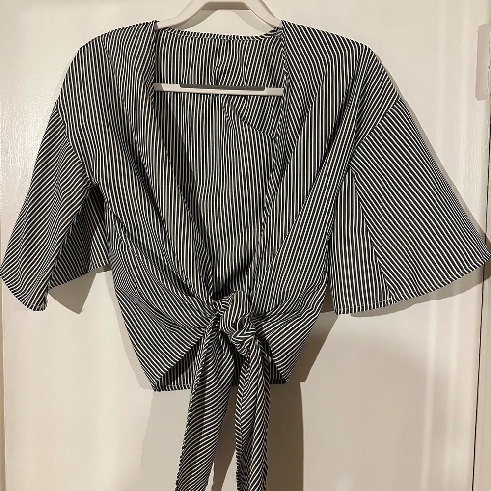 Black and White Striped Tie-Front Top